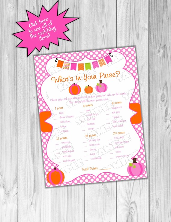 Pink Pumpkin Baby shower games what's in your purse game Printable INSTANT DOWNLOAD UPrint by greenmelonstudios pumpkin fall baby shower Il_570xn