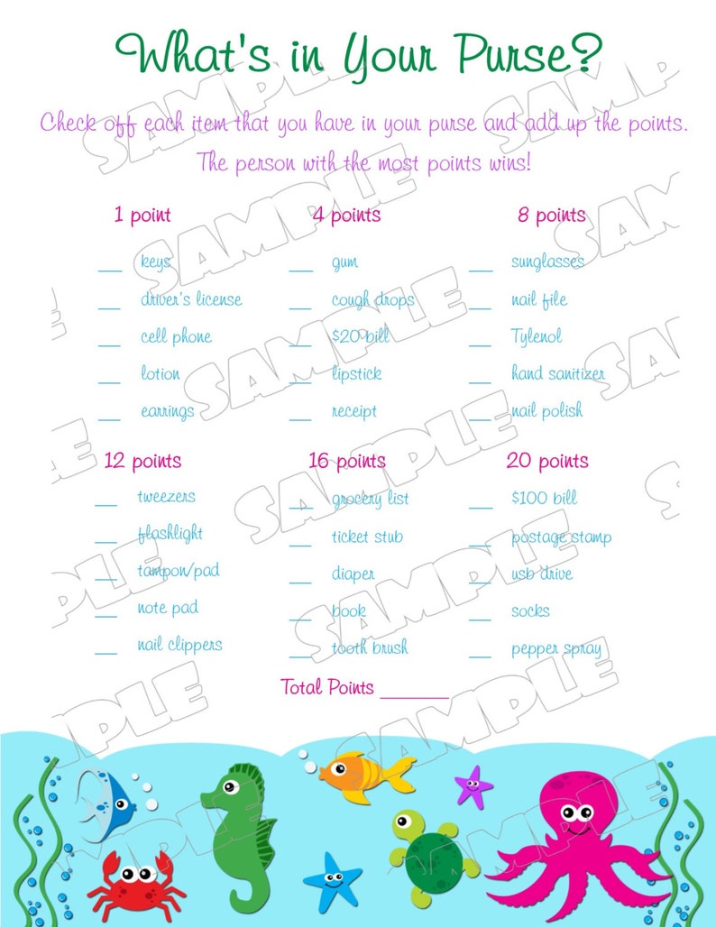 Under the sea Baby shower games what's in your purse Printable INSTANT DOWNLOAD UPrint by greenmelonstudios under the sea baby shower image 2