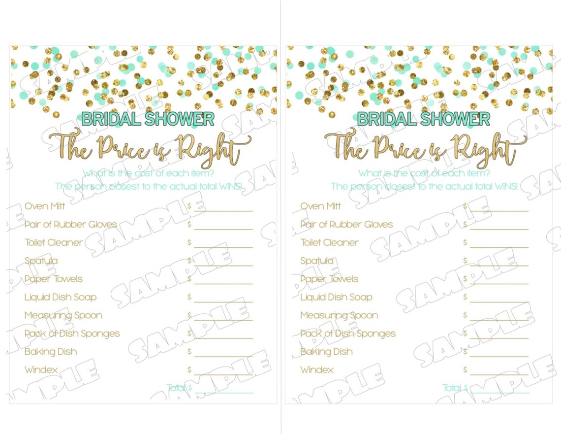 Mint Gold Bridal Shower Price is Right Game Glitter Printable - Etsy