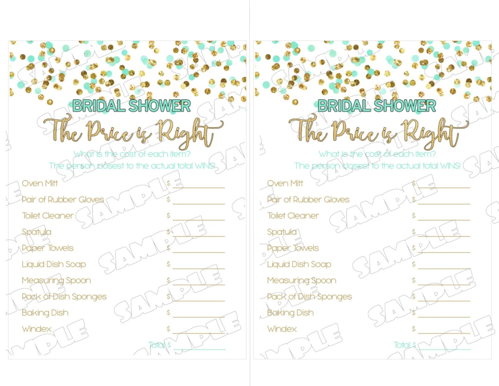 Mint Gold Bridal Shower Price is Right Game Glitter Printable - Etsy