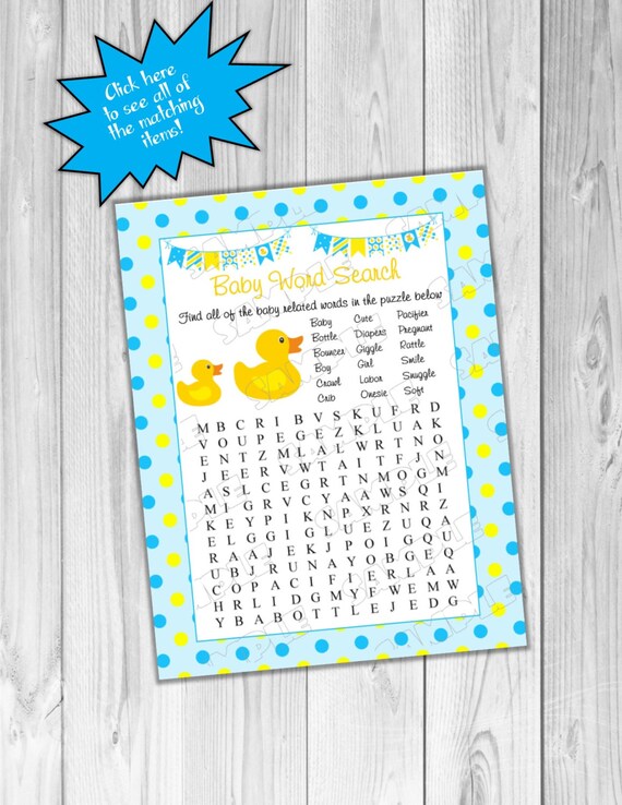 Rubber duck word search Baby shower games Printable INSTANT DOWNLOAD UPrint by greenmelonstudios rubber duck baby shower Il_570xn