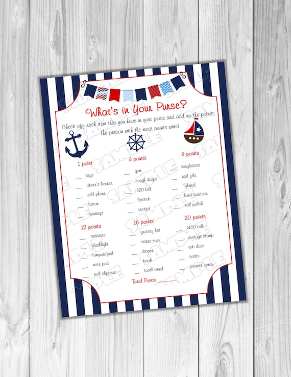 Nautical Anchor Baby shower games what's in your purse game Printable INSTANT DOWNLOAD UPrint by greenmelonstudios nautical baby shower Il_570xn