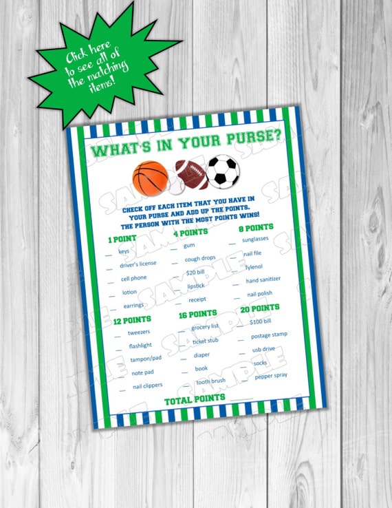 Sports Baby shower games what's in your purse game balls Printable INSTANT DOWNLOAD UPrint by greenmelonstudios balls sports baby shower Il_570xn