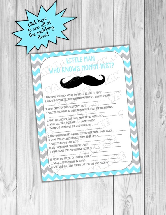 Mustache Baby shower games who knows mommy best game Printable INSTANT DOWNLOAD UPrint by greenmelonstudios mustache little man baby shower Il_570xn