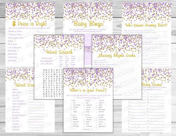 Purple and gold Baby shower games set of 8 games bundle Printable INSTANT DOWNLOAD UPrint by greenmelonstudios glitter baby shower Il_570xn