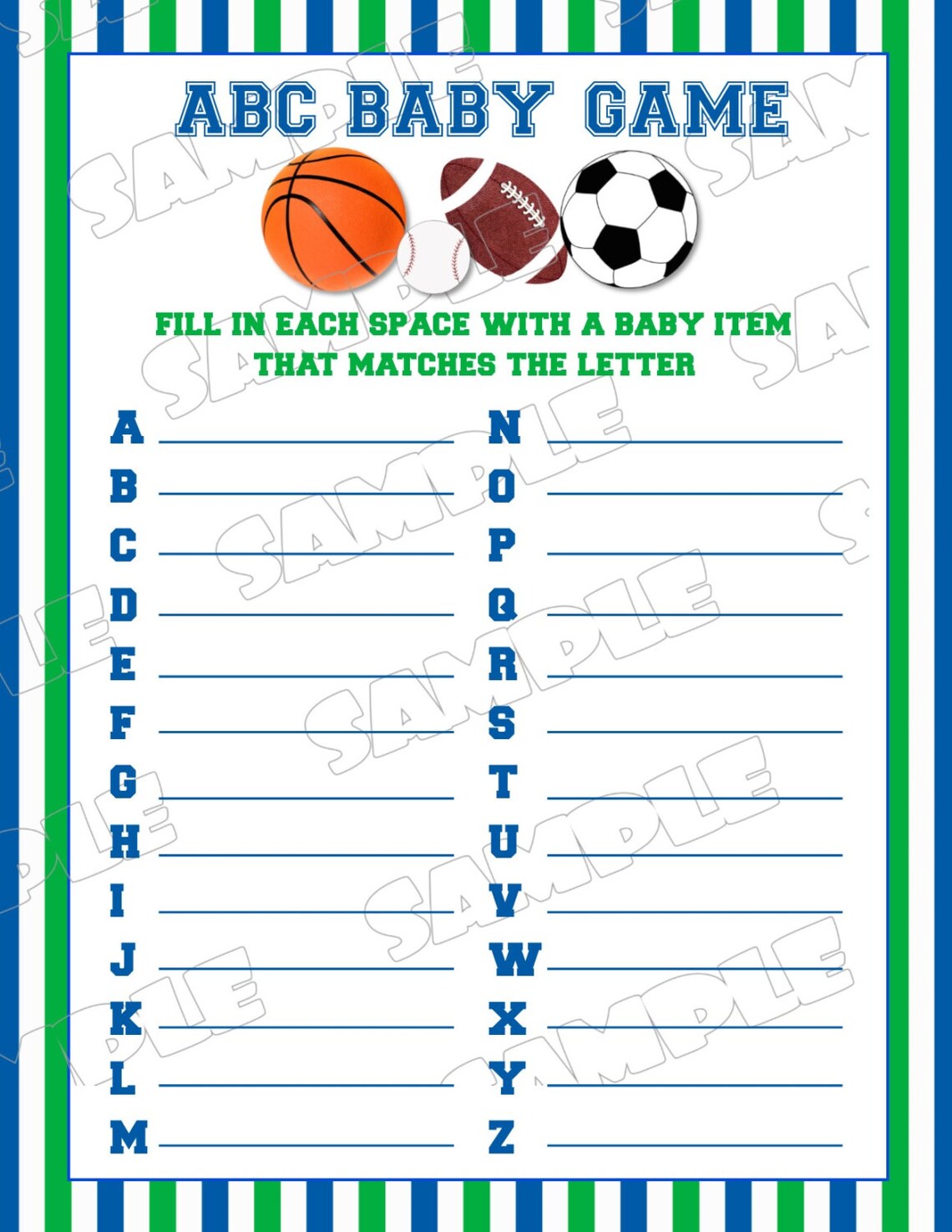 Sports Baby Shower Games Abc Baby Game Balls Printable INSTANT Etsy