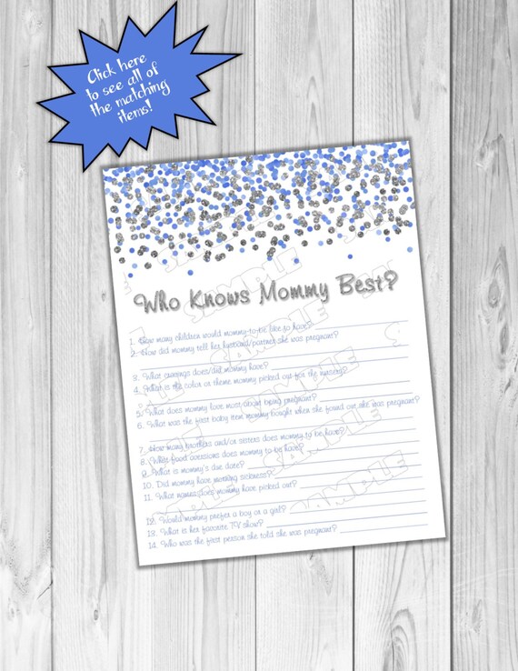 Blue and silver Baby shower games who knows mommy best game glitter Printable INSTANT DOWNLOAD UPrint by greenmelonstudios bling baby shower Il_570xn