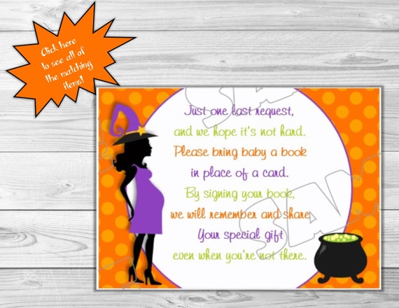 Halloween Baby shower book request insert cards Printable INSTANT DOWNLOAD UPrint by greenmelonstudios halloween witch baby shower Il_570xn