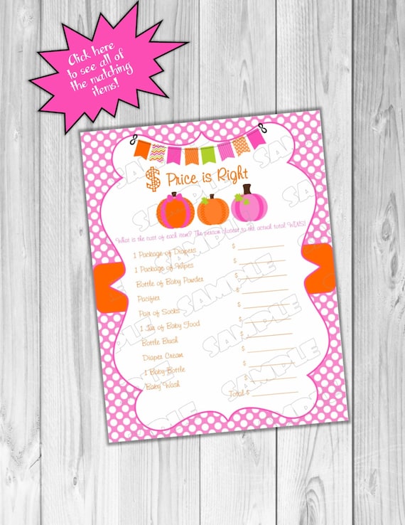 Pink Pumpkin Baby shower games price is right game Printable INSTANT DOWNLOAD UPrint by greenmelonstudios pumpkin fall baby shower Il_570xn