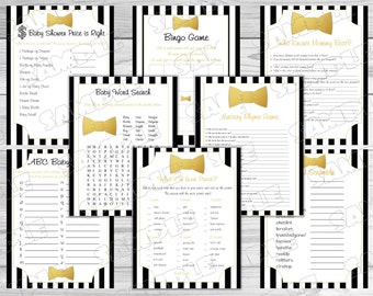 Gold Bowtie Baby shower games set of 8 games bundle gold and black Printable INSTANT DOWNLOAD UPrint by greenmelonstudios bowtie baby shower