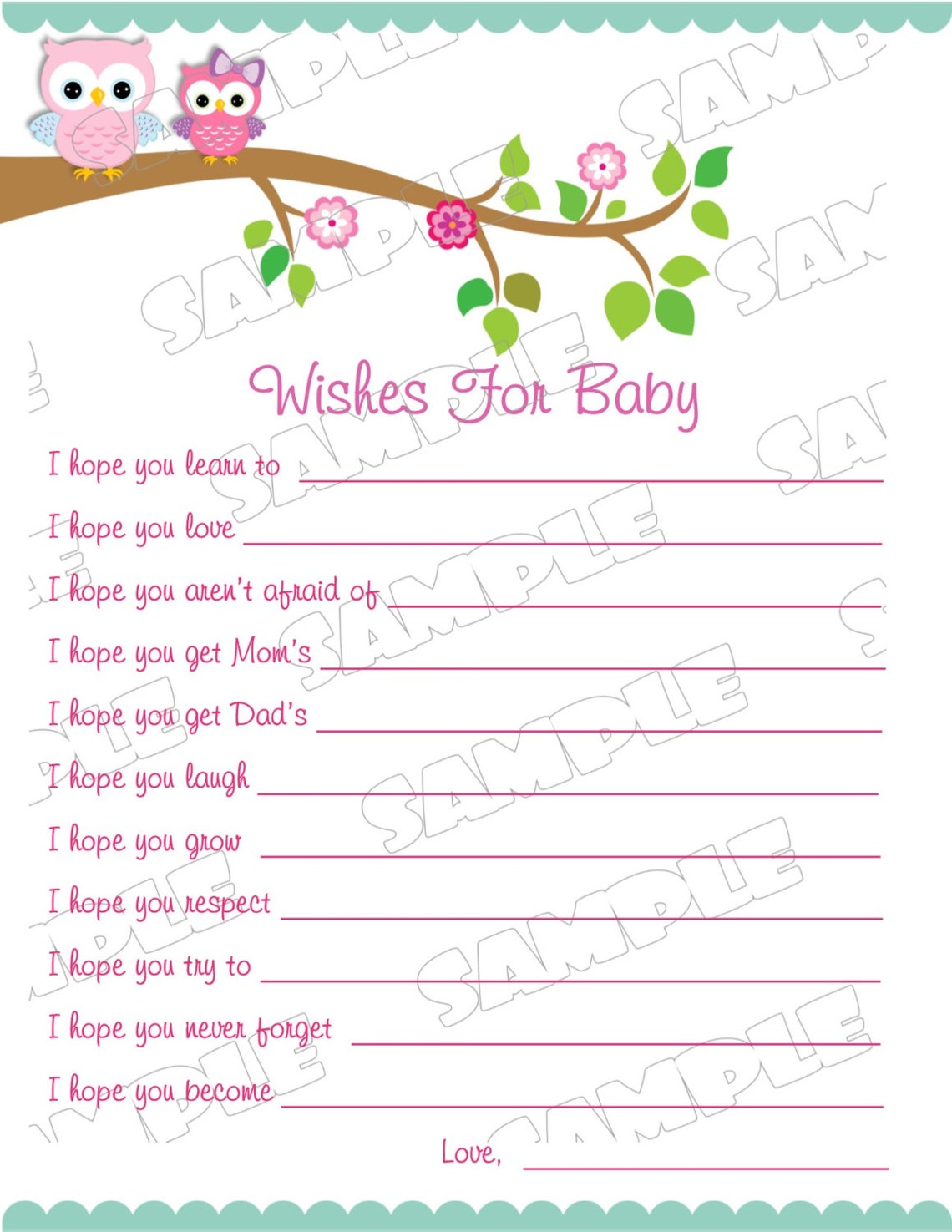 Pink Owl Baby Wishes for Baby Shower Games Owl Printable | Etsy