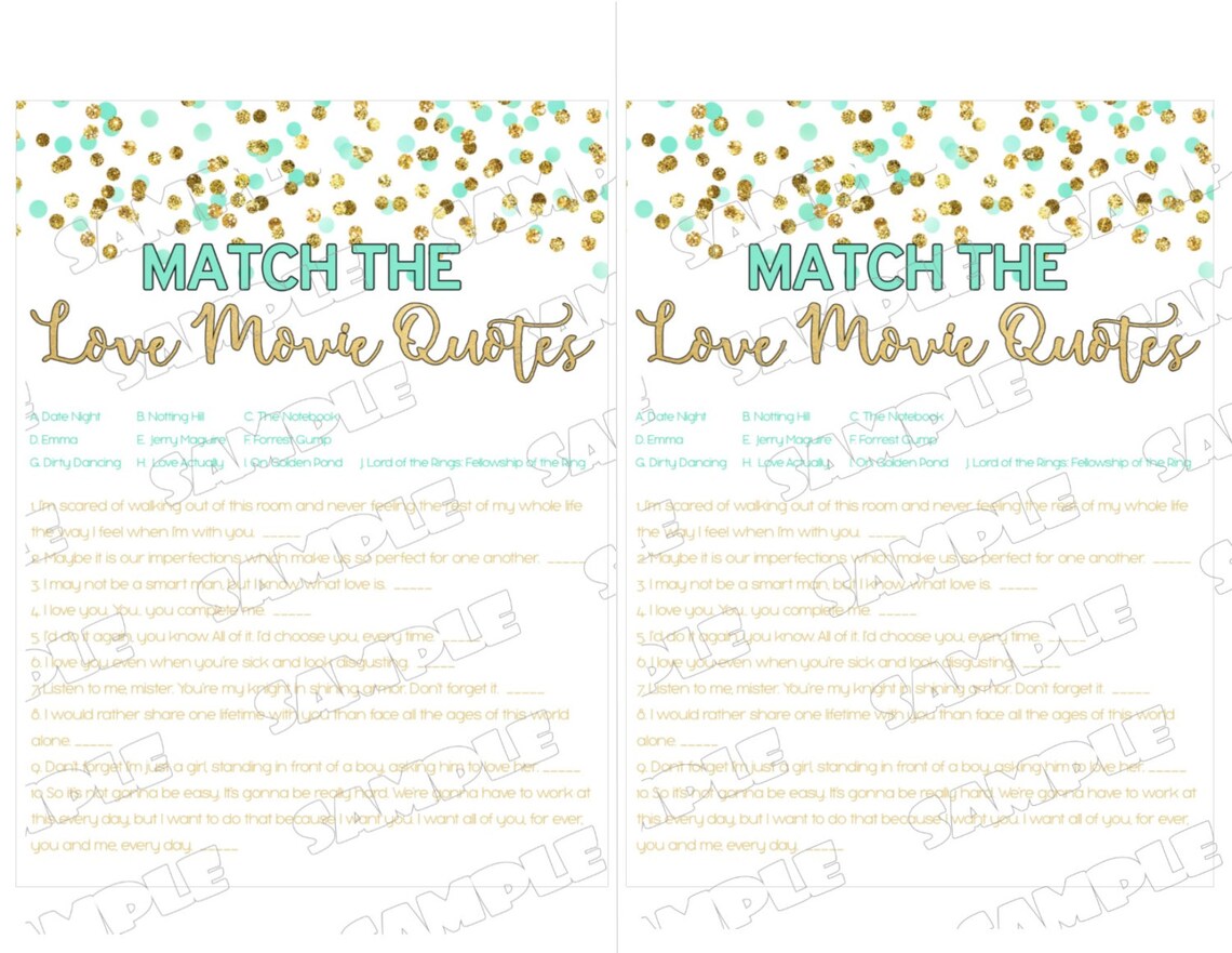 Love Movie Quotes Bridal Shower Game Mint and Gold Glitter Etsy