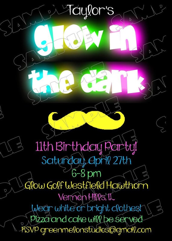 Mustache Bash Glow in the dark invitations birthday party printable invitations UPrint customized card by greenmelonstudios Il_570xn