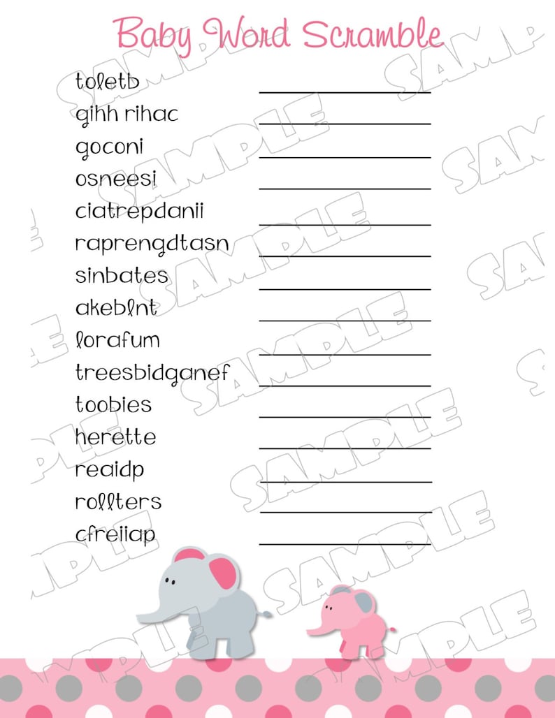 Pink elephant word scramble baby shower game Printable ...