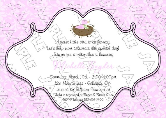 Bird damask baby shower printable invitations UPrint customized card by greenmelonstudios Il_570xn