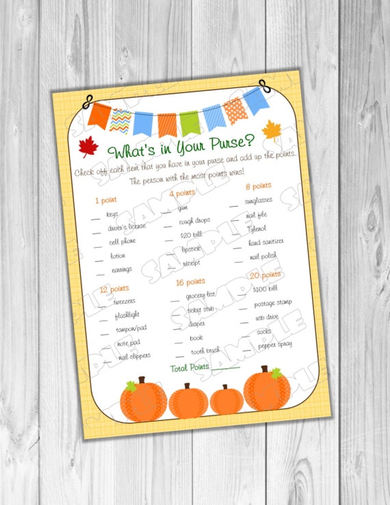 Pumpkin fall Baby shower games what's in your purse game Printable INSTANT DOWNLOAD UPrint by greenmelonstudios pumpkin baby shower Il_570xn