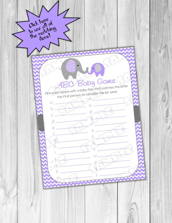 Elephant baby shower games purple and gray abc baby game baby shower game Printable INSTANT DOWNLOAD UPrint by greenmelonstudios Il_570xn