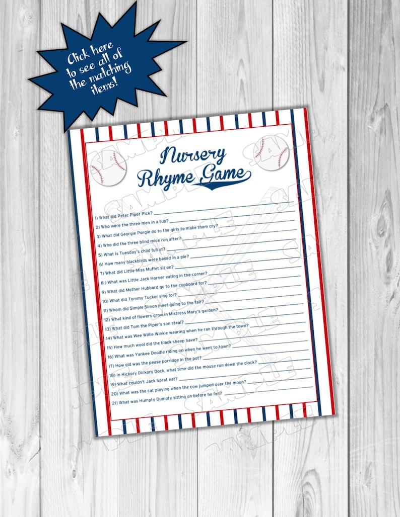 Baseball baby shower nursery rhyme game Printable INSTANT DOWNLOAD UPrint by greenmelonstudios little slugger baseball baby shower image 1