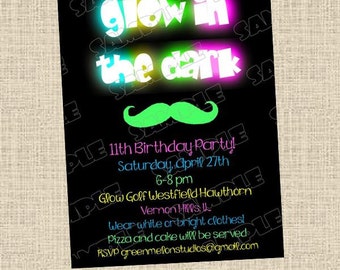 Glow in the dark invitations mustache bash birthday party printable invitations UPrint customized card by greenmelonstudios