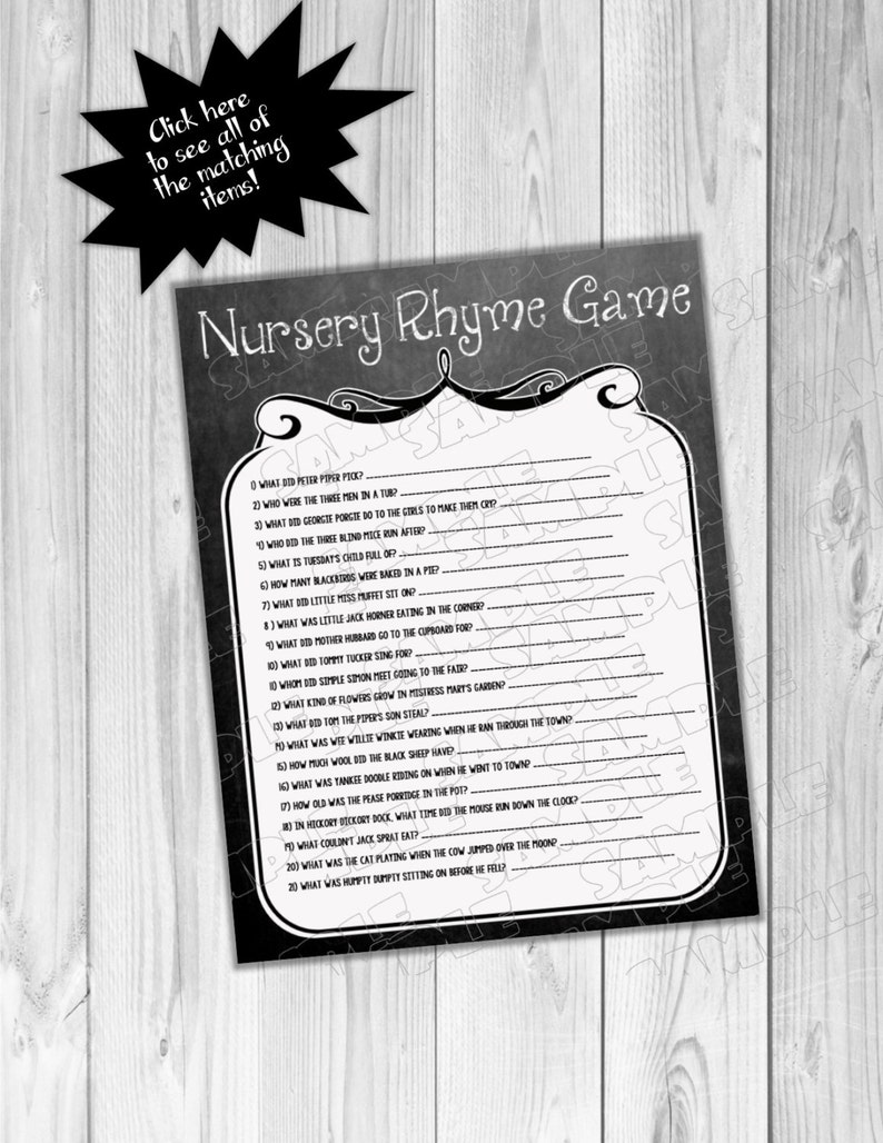 Chalkboard Baby shower games nursery rhyme game Printable INSTANT DOWNLOAD UPrint by greenmelonstudios chalkboard chalk baby shower image 1