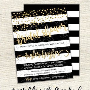 Gold confetti black white stripe bridal shower invitation printable UPrint customized card by greenmelonstudios elegant gold bridal shower image 1