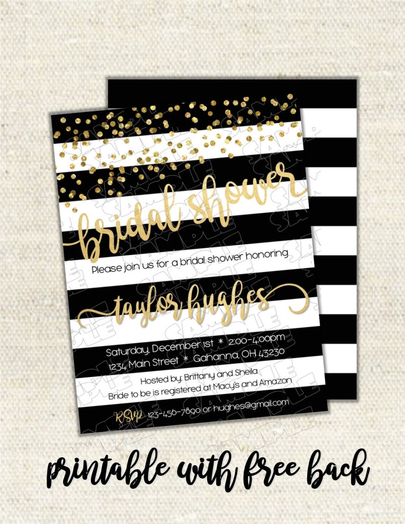 Gold confetti black white stripe bridal shower invitation printable UPrint customized card by greenmelonstudios elegant gold bridal shower image 1