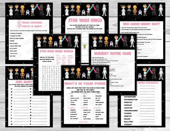 Star Wars Baby Shower Games Pink Set Of 8 Games Starwars Printable Star Wars Baby Shower Games Pink Set Of 8 Games Starwars Printable