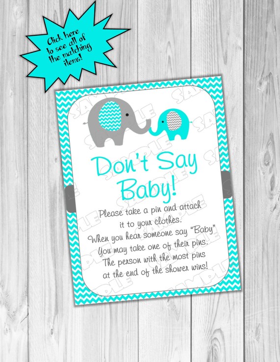 Elephant baby shower games aqua and gray don't say baby sign Printable INSTANT DOWNLOAD UPrint by greenmelonstudios elephant baby shower Il_570xn