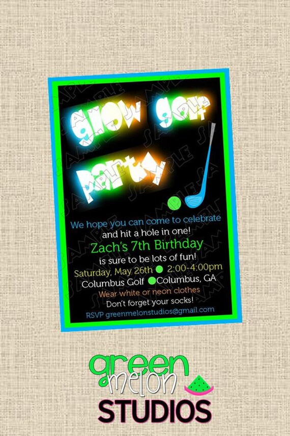 Glow in the dark golf birthday party printable invitations UPrint customized card by greenmelonstudios Il_570xn