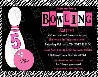 Bowling birthday party zebra ANY COLOR printable invitation any colors UPrint customized card by greenmelonstudios