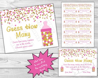 Pink and gold Baby shower games guess how many candies glitter Printable INSTANT DOWNLOAD UPrint by greenmelonstudios glitter baby shower