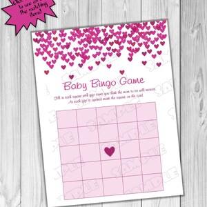 Pink Heart confetti Baby shower games bingo game Printable INSTANT DOWNLOAD UPrint by greenmelonstudios heart baby shower image 1