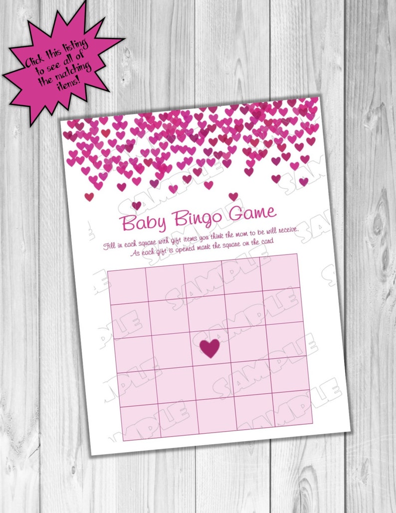 Pink Heart confetti Baby shower games bingo game Printable INSTANT DOWNLOAD UPrint by greenmelonstudios heart baby shower image 1