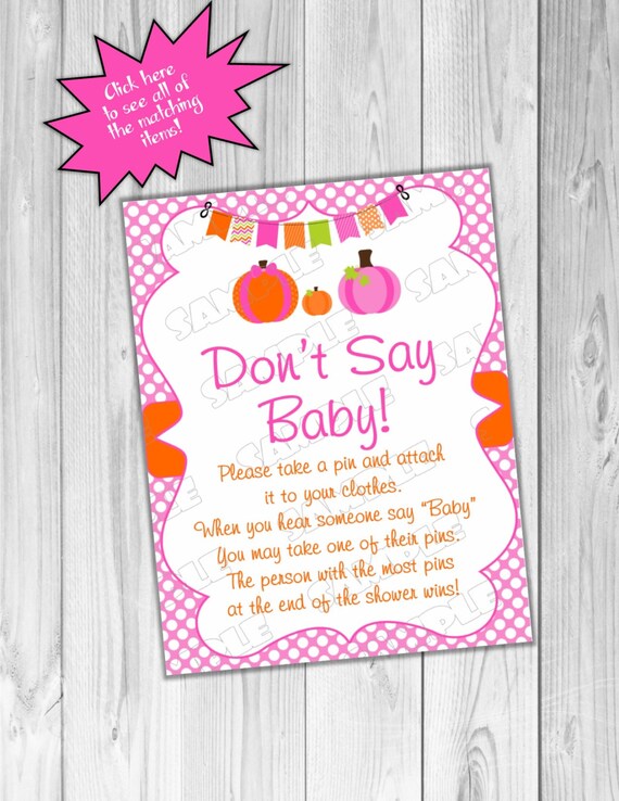 Pink Pumpkin Baby shower games don't say baby sign game Printable INSTANT DOWNLOAD UPrint by greenmelonstudios pumpkin fall baby shower Il_570xn