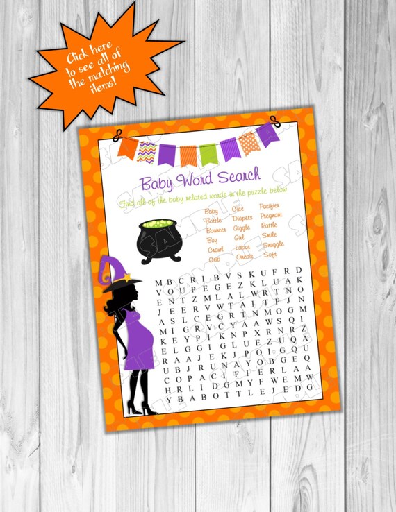 Halloween Baby shower games word search game Printable INSTANT DOWNLOAD UPrint by greenmelonstudios halloween witch baby shower Il_570xn