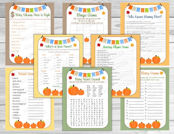 Pumpkin fall Baby shower games bundle set of 8 games Printable INSTANT DOWNLOAD UPrint by greenmelonstudios pumpkin baby shower Il_570xn