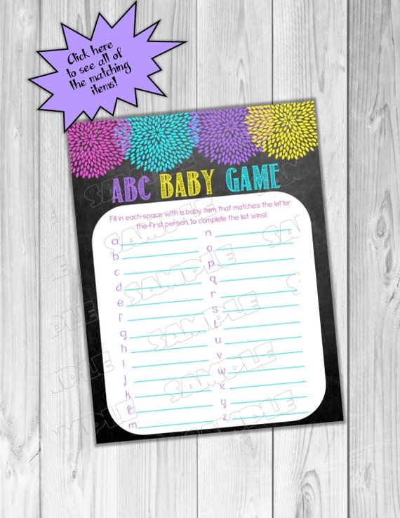 Flower chalkboard Baby shower games abc baby game Printable INSTANT