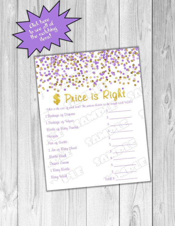 Purple and gold Baby shower games price is right game Printable INSTANT DOWNLOAD UPrint by greenmelonstudios glitter baby shower Il_570xn
