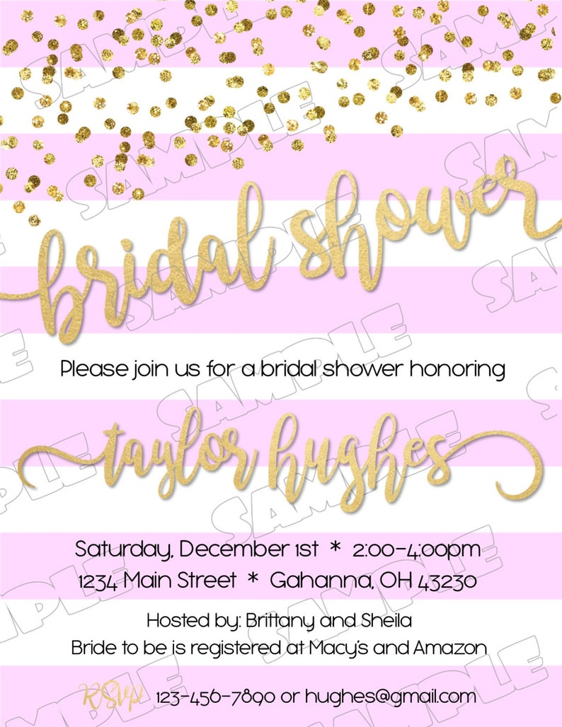 Gold confetti black white stripe bridal shower invitation printable UPrint customized card by greenmelonstudios elegant gold bridal shower image 3