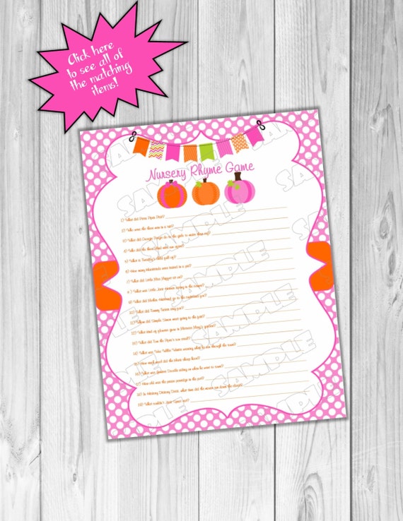 Pink Pumpkin Baby shower games nursery rhyme game Printable INSTANT DOWNLOAD UPrint by greenmelonstudios pumpkin fall baby shower Il_570xn