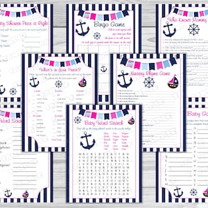 Pink Nautical Anchor Baby shower games set of 8 bundle Printable INSTANT DOWNLOAD UPrint by greenmelonstudios nautical baby shower
