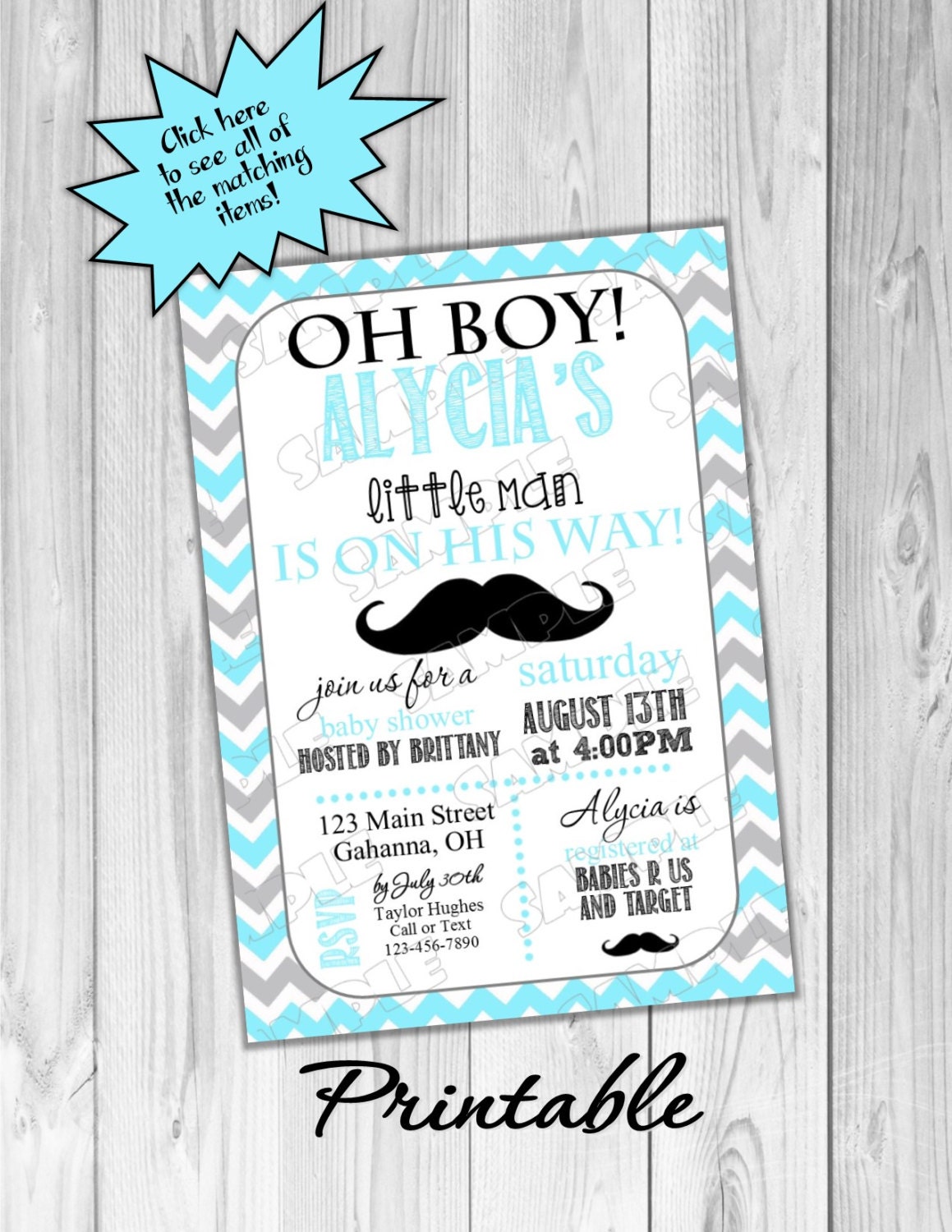 Mustache little man Baby shower invitation printable