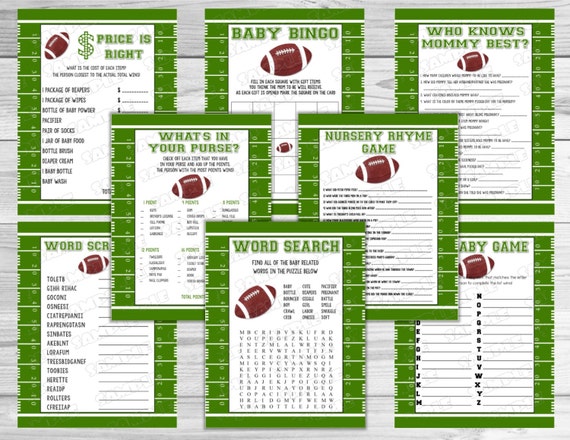 Football Baby shower games set of 8 games bundle Printable INSTANT DOWNLOAD UPrint by greenmelonstudios football sports baby shower Il_570xn