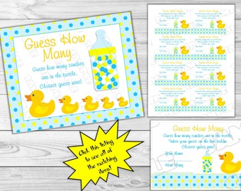 Rubber duck Baby shower games guess how many large sign & cards Printable INSTANT DOWNLOAD  UPrint  by greenmelonstudios duck baby shower