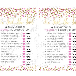 He Said She Said game pink and gold glitter Bridal Shower Printable INSTANT DOWNLOAD UPrint by greenmelonstudios gold glitter bridal shower image 2