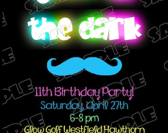 Mustache Glow in the dark invitations birthday party printable invitations UPrint customized card by greenmelonstudios