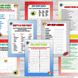Superheld Baby Spiele Duschgarnitur 8 Spiele Bundle druckbare INSTANT DOWNLOAD UPrint von Greenmelonstudios Superhelden-Baby-Dusche