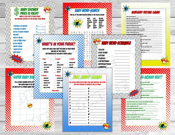 Superhero Baby shower games set of 8 games bundle Printable INSTANT DOWNLOAD UPrint by greenmelonstudios superhero baby shower Il_570xn