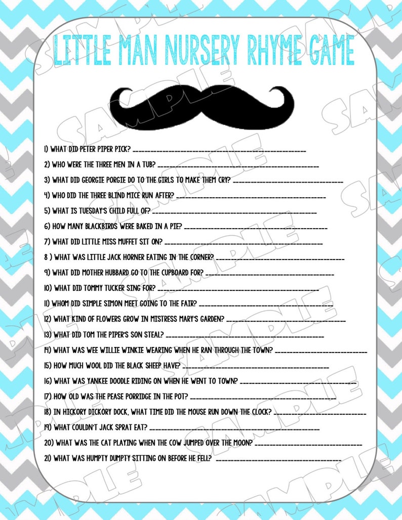mustache baby shower games nursery rhyme game printable etsy