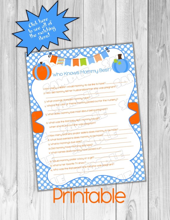 Blue Pumpkin Baby shower games who knows mommy best game Printable INSTANT DOWNLOAD UPrint by greenmelonstudios pumpkin fall baby shower Il_570xn